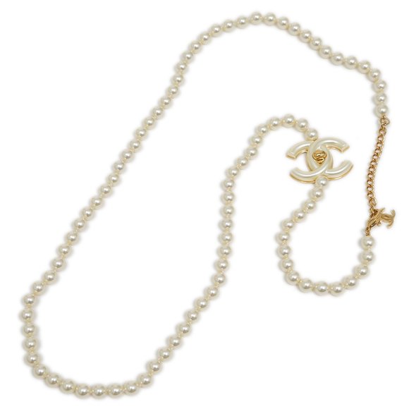 Chanel Long Necklace with Coco Mark, Imitation Pearl, Gold, B24A - Picture 1 of 5